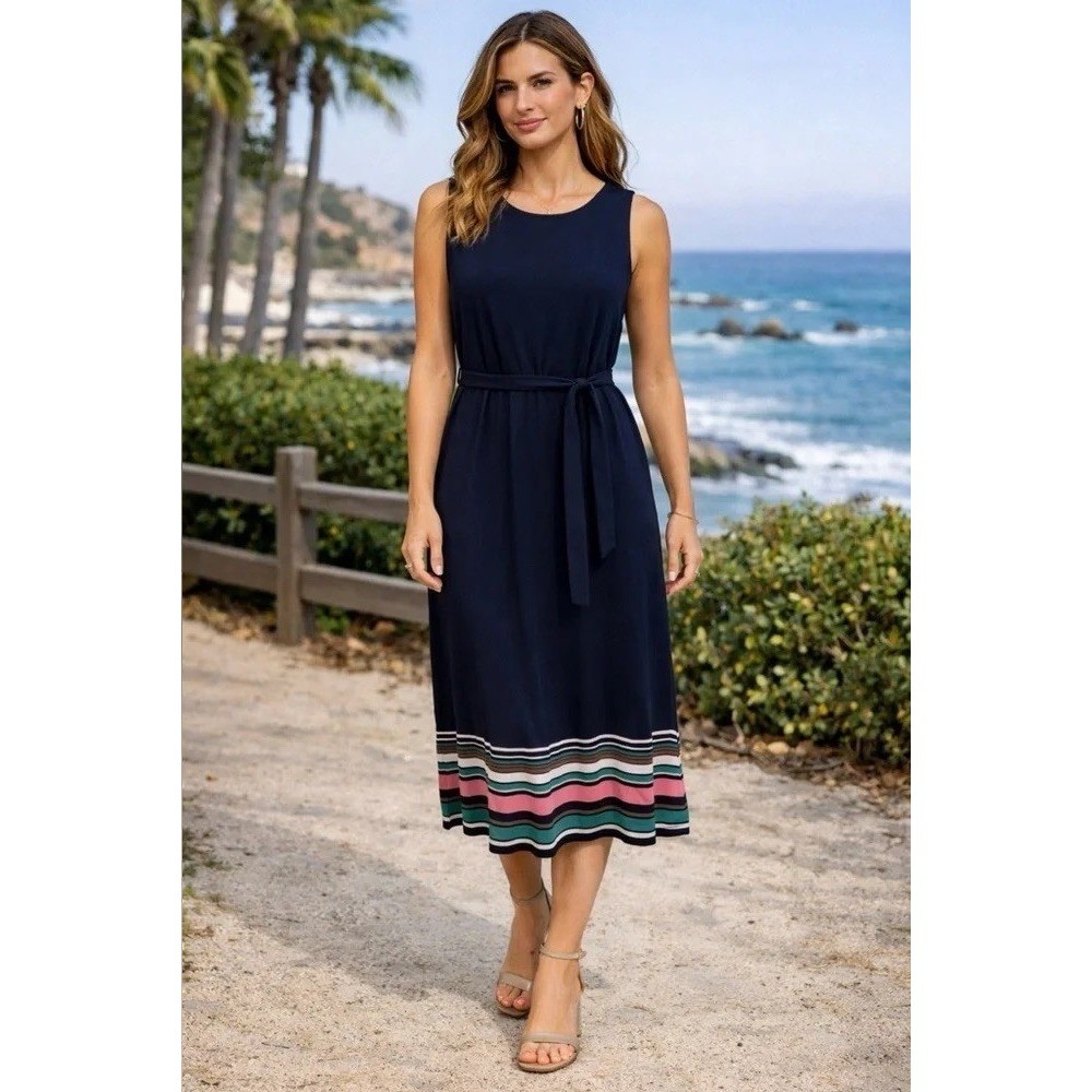 J. Jill Navy Sleeveless Maxi Dress with Striped Hem